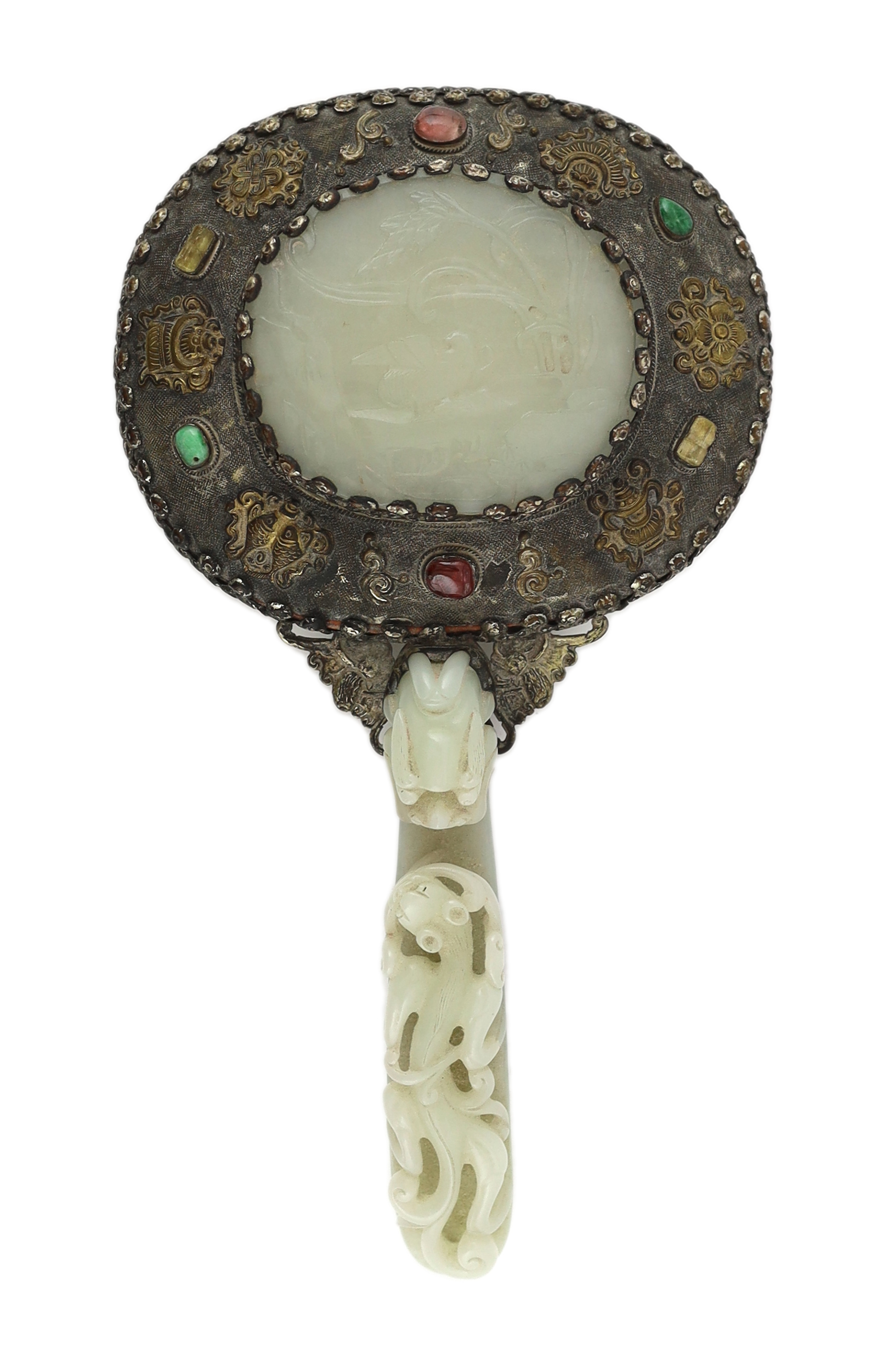 A Chinese celadon jade mounted hand mirror, the jade 18th/19th century